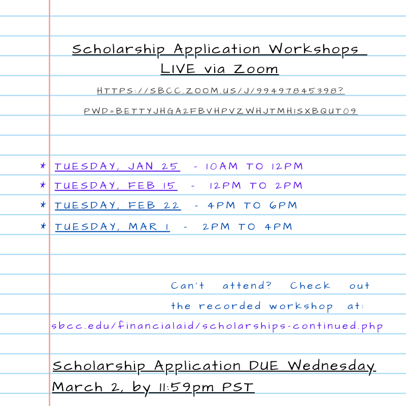 2022-2023 Scholarship Application Workshop Calendar