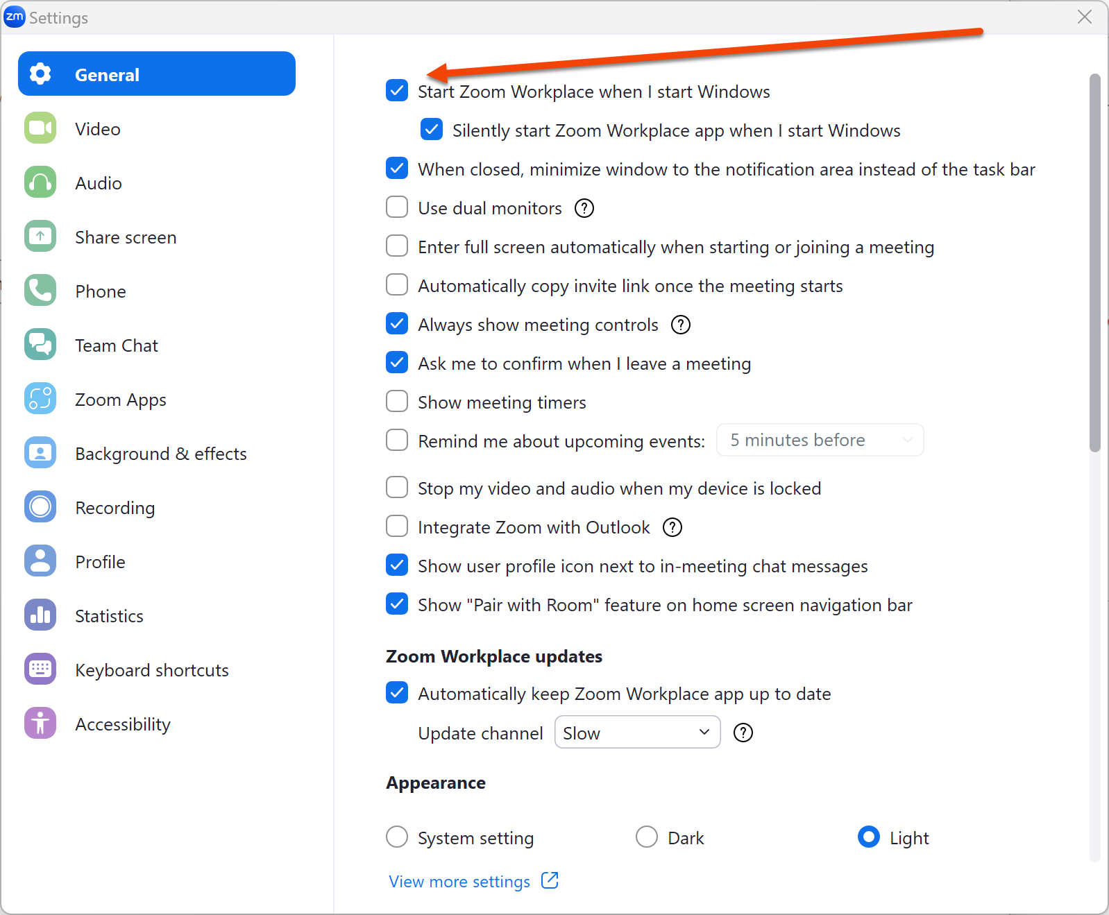 This image shows the Settings window for Zoom Workplace. The left sidebar lists various setting categories, with "General" currently selected. The main panel displays several options and checkboxes for configuring Zoom's behavior:  Start Zoom Workplace when Windows starts (checked) Silently start Zoom Workplace app when Windows starts (checked) Minimize window to notification area instead of task bar when closed (checked) Use dual monitors (unchecked)