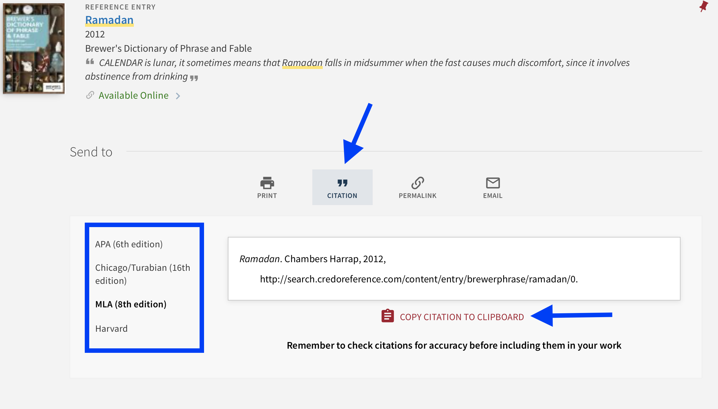 Screenshot of Citation in OneSearch