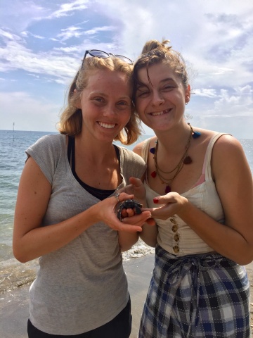 Nat and Fran releasing baby turtle